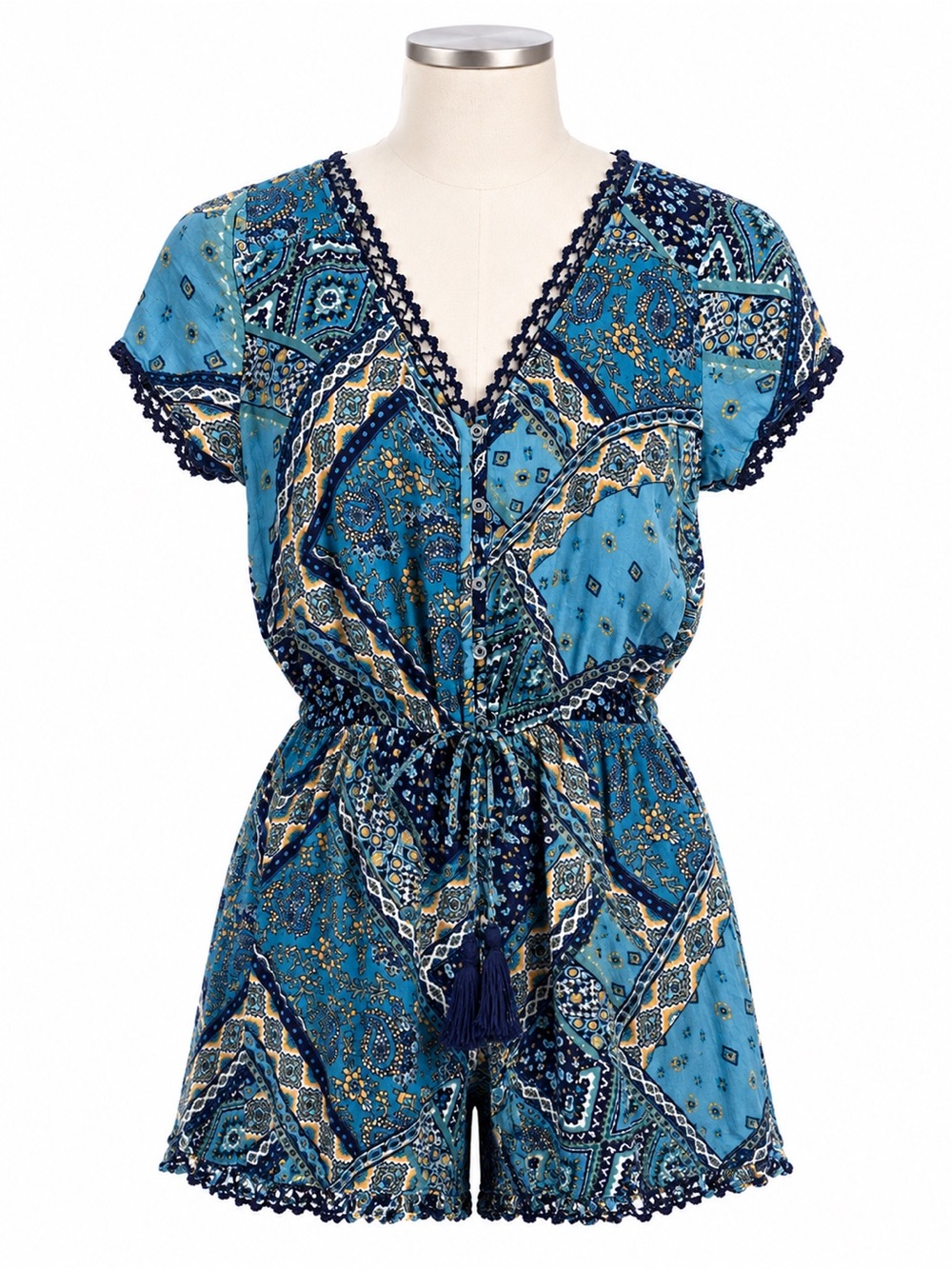 Hollister Blue Paisley Boho Romper Tassel Tie Lace Trim Size M